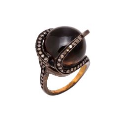 Victorian Jewelry, Silver Diamond Ring With Rose Cut Diamond And Smoky Quartz Studded In 925 Sterling Silver With Black Rhodium Plating. J-877
