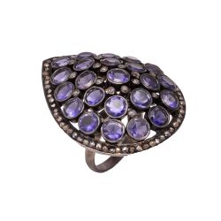 Victorian Jewelry, Silver Diamond Ring With Rose Cut Diamond And Sapphire Stone Studded In 925 Sterling Silver Gold Plating. J-880