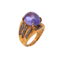 Victorian Jewelry, Silver Diamond Ring With Rose Cut Diamond And Tanzanite Stone Studded In 925 Sterling Silver Gold, Black Rhodium Plating. J-886