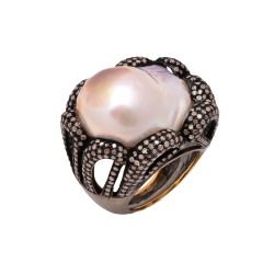 Victorian Jewelry, Silver Diamond Ring With Rose Cut Diamond And Pearl Stone Studded In 925 Sterling Silver Black Rhodium Plating. J-887