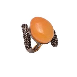 Victorian Jewelry, Silver Diamond Ring With Rose Cut Diamond And Carnelian Stone Studded  In 925 Sterling Silver Black Rhodium Plating. J-890