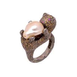 Victorian Style Jewelry, Silver Diamond Ring With Natural Rose Cut Diamond And Pearl Stone Studded In Black Rhodium Plating. J-898.