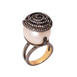 Victorian Jewelry, Silver Diamond Ring With Rose Cut Diamond And Pearl Stone Studded in 925 Sterling Silver Black Rhodium Plating. J-907