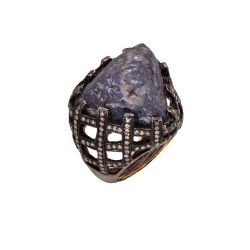 Victorian Jewelry, Silver Diamond Ring With Rose Cut Diamond And Iolite Stone Studded In 925 Sterling Silver, Black Rhodium Plating. J-910