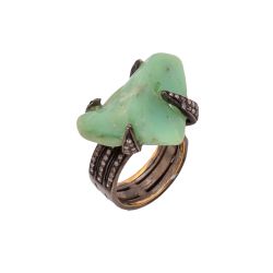 Victorian Jewelry, Silver Diamond Ring With Rose Cut Diamond, And Chrysophrase  Stone Studded In 925 Sterling Silver Black Rhodium Plating. J-913
