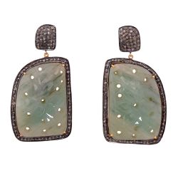 Victorian Jewelry, Diamond Earring With Rose Cut Diamond And Sapphire Stone Studded In 925 Sterling Silver Gold Plating. J-96