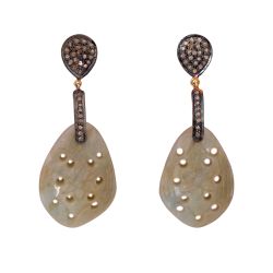 Victorian Jewelry, Silver Diamond Earring With Rose Cut Diamonds And Sapphire Stone Studded In 925 Sterling Silver Gold Plating. J-9