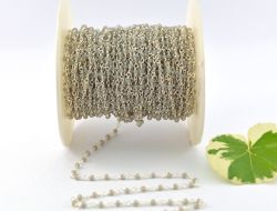 925  Sterling Silver Gold Rosary Chain Studded With Gray Chalcedony Stone - 2mm, Sold By Foot, ROS2-5115