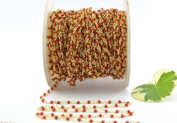 Handcrafted 925 Sterling Silver Gold Rosary Chain Studded With Cornelian Stone - 2mm, Sold By Foot, ROS2-5126