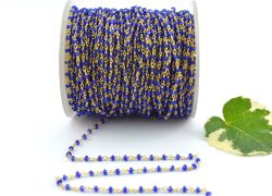 Amazing 925 Sterling Silver Gold Round Ball Shape Rosary Chain -  Blue Chalcedony(2mm),Sold By Foot, ROS2-5170