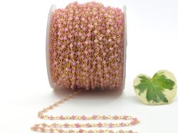 Gorgeous 925 Sterling Silver Gold Rosary Chain With Pink Jade Stone in 2mm Size - Sold By Foot, ROS2-5206