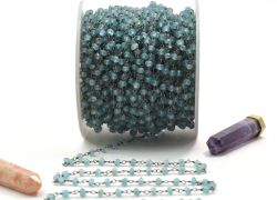 925 Sterling Silver Gold Rosary Chain Studded With Blue Apatite Stone in 3.50mm Size, Sold By Foot, ROS2-5261