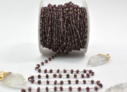 925 Sterling Silver Gold Garnet Stone Rosary Chain in 3.50mm Size -Sold By Foot, ROS2-5290