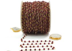 Beautiful 925 Sterling Silver Gold Rosary Chain Studded With Red Garnet, 3mm - Sold By Foot, ROS2-5317