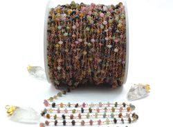 925 Sterling Silver Amazing Rosary Chain With Multi Tourmaline Stone - 3.50-4.50 mm, Sold By Foot, ROS2-5319