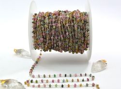 925 Sterling Silver Gold Multi Tourmaline Roundel Rosary Chain With 3mm Size - Sold By foot, ROS2-5321