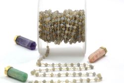 925 Sterling Silver Gold Roundel Shape Rosary Chain With Labradorite Stone in 3.50mm - Sold By Foot, ROS2-5333