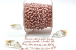 925 Sterling Silver Gorgeous Rosary Chain in Roundel Shape - Rose Quartz Jade Stone(3mm), Sold By Foot, ROS2-5340