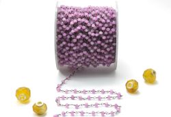 925 Sterling Silver Gold Rosary Chain With Roundel Shape - Hot Pink Jade Stone(3mm),Sold By Foot, ROS2-5343