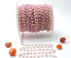 Beautiful 925 Gold Sterling Silver Rosary Chain Studded With  Hot Pink Jade Stone - 3mm,Sold By Foot, ROS2-5348