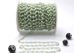 925 Sterling Silver Gold Rosary Chain With Prehnite Chalcedony in Round Shape - 3mm, ROS2-5357 