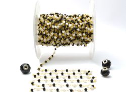Beautiful 925 Gold Sterling Silver Rosary Chain With Moonstonea and Black Spinel Stone - 3mm, ROS2-5277  