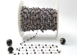  925 Sterling Silver Gold Rosary Chain - Black Spinel And Amethyst(3mm),Sold By foot, ROS2-5380 