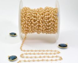 Elegant 925 Sterling Silver Gold Peach Chalcedony Stone Rosary Chain - Sold By Foot, ROS2-5387