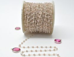 Beautiful 925 Sterling Silver Gold Round Ball Shape Rosary Chain in Peach moonstone Coated - 3mm, Sold By Foot, ROS2-5388  