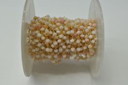 925 Gold Plated Sterling Silver Graceful 3.00 mm Pink Opal Stone Wire Wrapped Rosary Chain. Sold By Foot, ROS2-5628