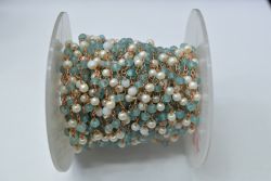 925 Sterling Silver Gold Plated Amazing Wire Wrapped Rosary Chain With Roundel Shape 3.00 mm Apatite Jade + Pearl Stone.  Sold By foot, ROS2-5700
