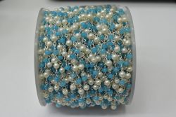 925 Sterling Silver Gold Plated Roundel  Shape 3.00mm Wire Wrapped Rosary Chain With Blue Chalcedony + Pearl Stone. Sold By foot,ROS2-5706