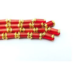 18K Solid Yellow Gold Beautiful Drum Shape Bead With Natural Coral Stone Studded. One of our absolute favourite gemstone beads for our own jewellery., SGTAN-1080, Sold By 1 Pcs.