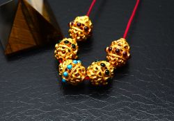 18K Solid Yellow Gold Roundel Shape, 14X12 mm Gold Bead With Stone Studded, SGTAN-0578, Sold By 1 Pcs.