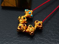 18K Solid Yellow Gold Roundel Shape 10X9 mm Bead With Stone, SGTAN-0591, Sold By 1 Pcs.