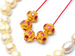 18K Solid Yellow Gold Handmade Roundel Shape 8X9 mm Bead With Stone Studded, SGTAN-0597, Sold By 1 Pcs.