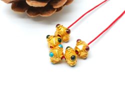 18K Solid Yellow Gold Roundel Shape 7X9mm Handmade Bead With Stone Studded, SGTAN-0598, Sold By 1 Pcs.