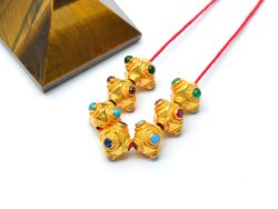 18K Solid Yellow Gold Roundel Shape 8X8 mm Bead With Stone Studded, SGTAN-0599, Sold By 1 Pcs.