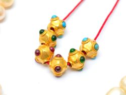 18K Solid Yellow Gold Roundel Shape 8X7 mm Bead With Stone Studded, SGTAN-0600, Sold By 1 Pcs.