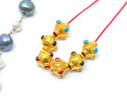 18K Solid Yellow Gold Roundel Shape 9X8 mm Bead With Stone Studded, SGTAN-0601, Sold By 1 Pcs.