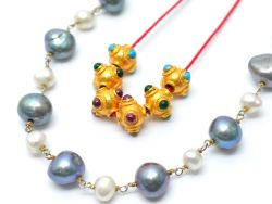 18K Solid Yellow Gold Handmade Roundel Shape 7x8x10 mm Bead With Stone Studded, SGTAN-0602, Sold By 1 Pcs.