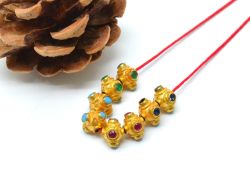 18K Solid Yellow Gold Roundel Shape 6,5X7X8 mm Bead With Stone Studded, SGTAN-0603, Sold By 1 Pcs.