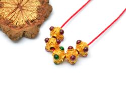 18K Solid Yellow Gold Roundel Shape 7X6X8mm Bead With Stone Studded, SGTAN-0604, Sold By 1 Pcs.