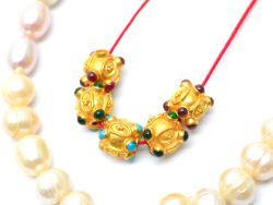 18K Solid Yellow Gold Handmade Roundel Shape 9x9mm Bead With Stone Studded, SGTAN-0607, Sold By 1 Pcs.