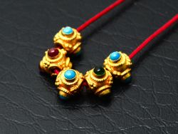 18K Solid Yellow Gold Handmade Roundel Shape 7X5 mm Bead With Stone Studded, SGTAN-0608, Sold By 1 Pcs.