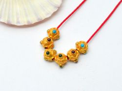 18K Solid Yellow Gold Handmade Roundel Shape 6,5X7,5 mm Bead With Stone Studded, SGTAN-0609, Sold By 1 Pcs.