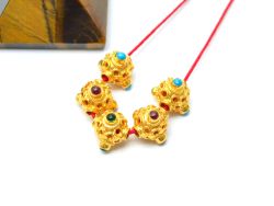18K Solid Yellow Gold Roundel Shape 9x10 mm Handmade Bead With Stone Studded, SGTAN-0613, Sold By 1 Pcs.