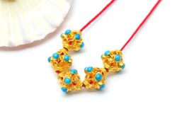 18K Solid Yellow Gold Roundel Shape 9X9mm Bead With Stone Studded, SGTAN-0614, Sold By 1 Pcs.