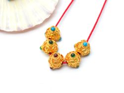 18K Solid Yellow Gold Roundel Shape 7X9mm Bead With Stone Studded, SGTAN-0617, Sold By 1 Pcs.