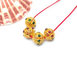18K Solid Yellow Gold Handmade Roundel Shape 9X10 mm Bead With Stone Studded, SGTAN-0622, Sold By 1 Pcs.